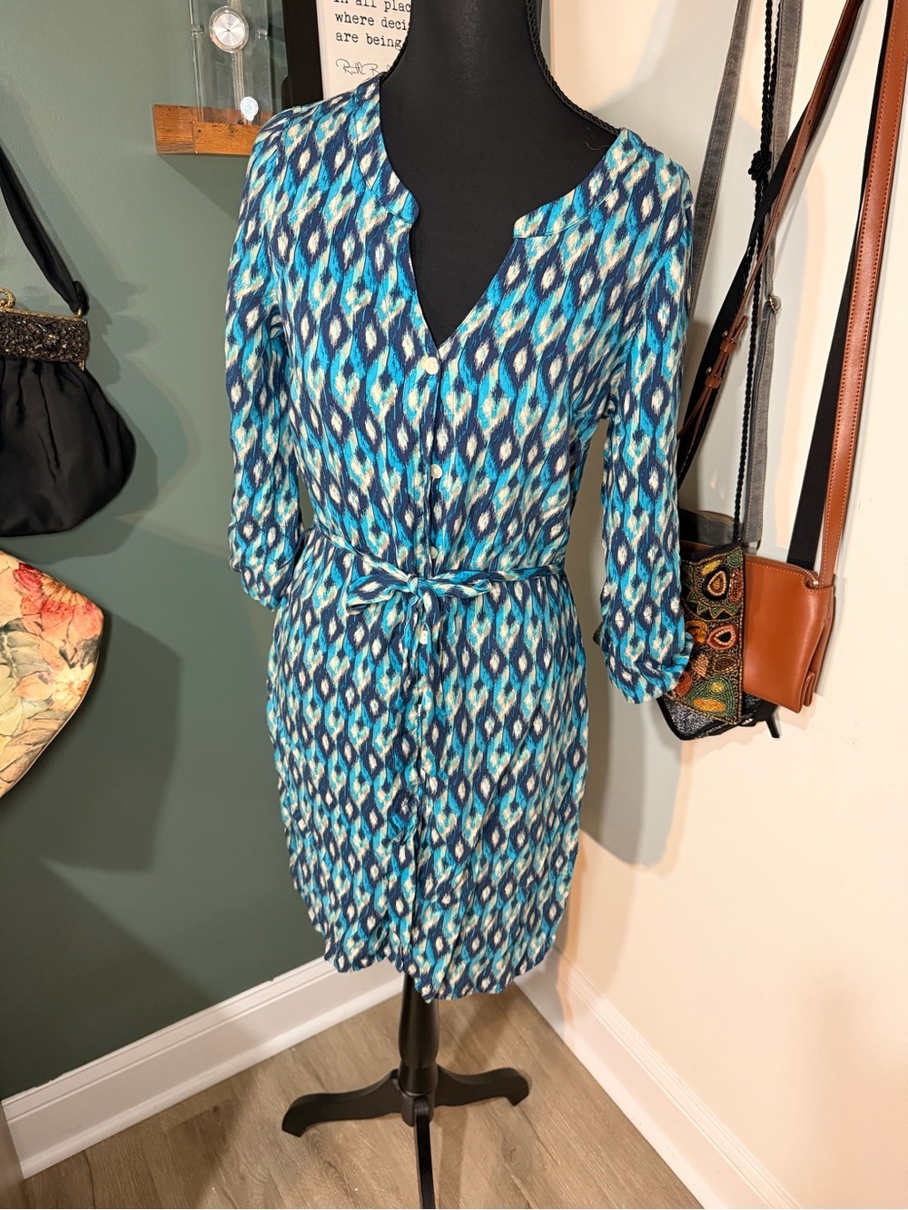 Lucky Brand Aztec Western Print Dress 3/4 Sleeve Wrap Belt Boho Southwestern